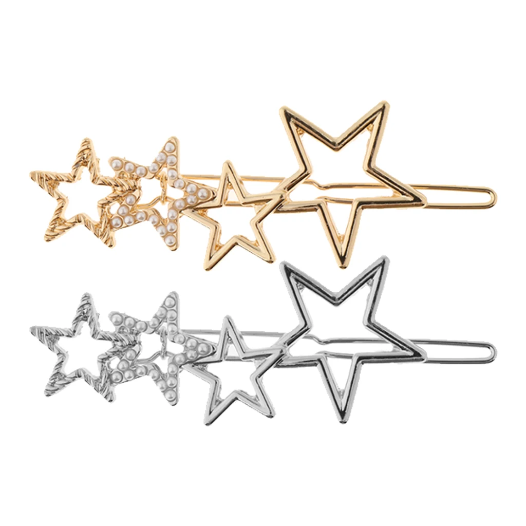 Women Girls Retro Alloy Hair Clip Star Shape Pearls Slide Hairclip Hair Pin Party