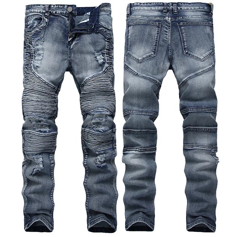 

2018 Mens Skinny Jeans Slim Elastic Distressed Jeans Denim Biker Jeans Men Hip Hop Pants Washed Men's Ripped Jogger Jeans