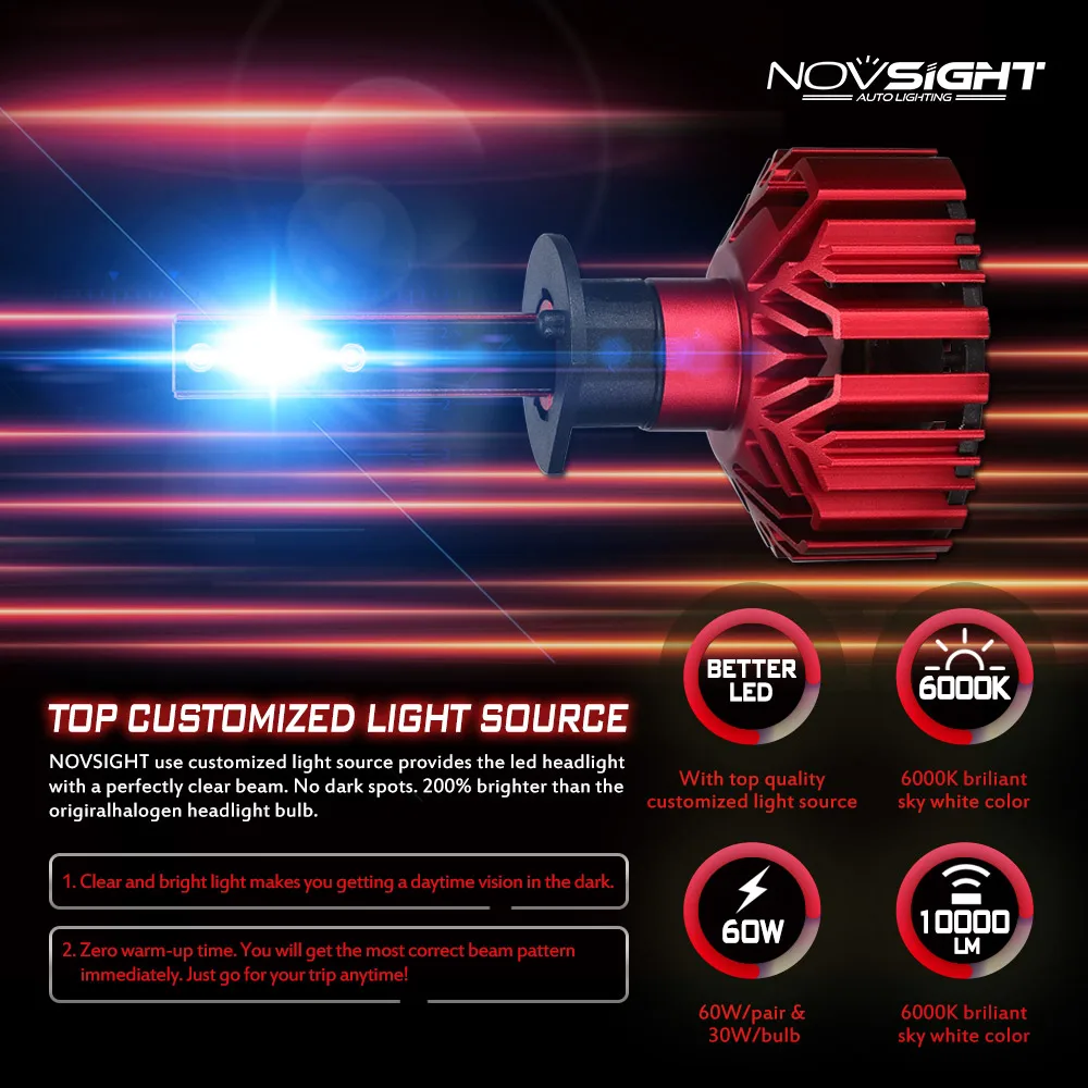 Novsight Новое поступление H1 светодиодный H11 высокое ближнего и дальнего света лампы HB4 9006 H1 H3 H7 9005 HB3 светодиодный H4 10000LM 6000 K со светодиодными кристаллами для автомобиля фары 60 Вт