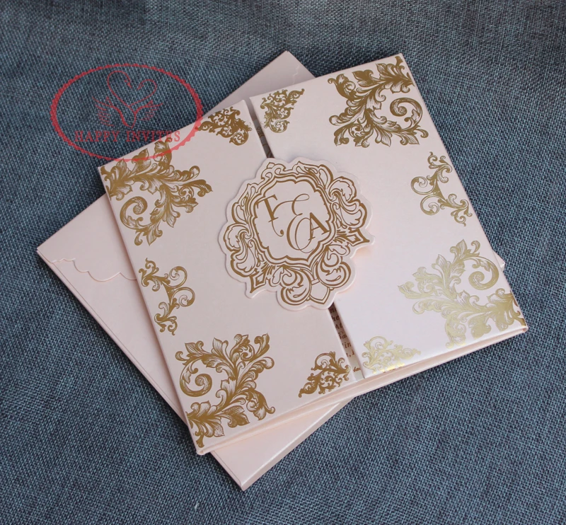 HI1142 - 01 Customized Pink Hard Cover Wedding Invitation Card with Gold Foil Made in China