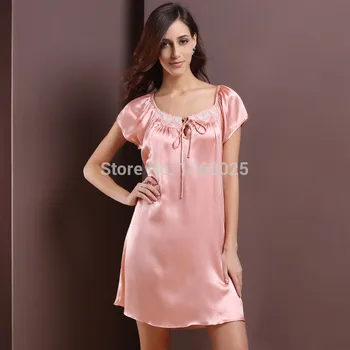 

Elegent Silk Sleepwear 100% Mulberry Silk Nightgown Short-sleeve Sexy Summer Brand Silk Sleepwear M/L/XL Free Shipping