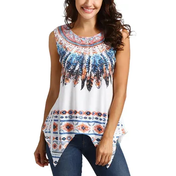 

Women Tank Top Loose Cotton Blend O-Neck Fashion Casual Sleeveless Printed Feathers Tank Top Blouse Fashion