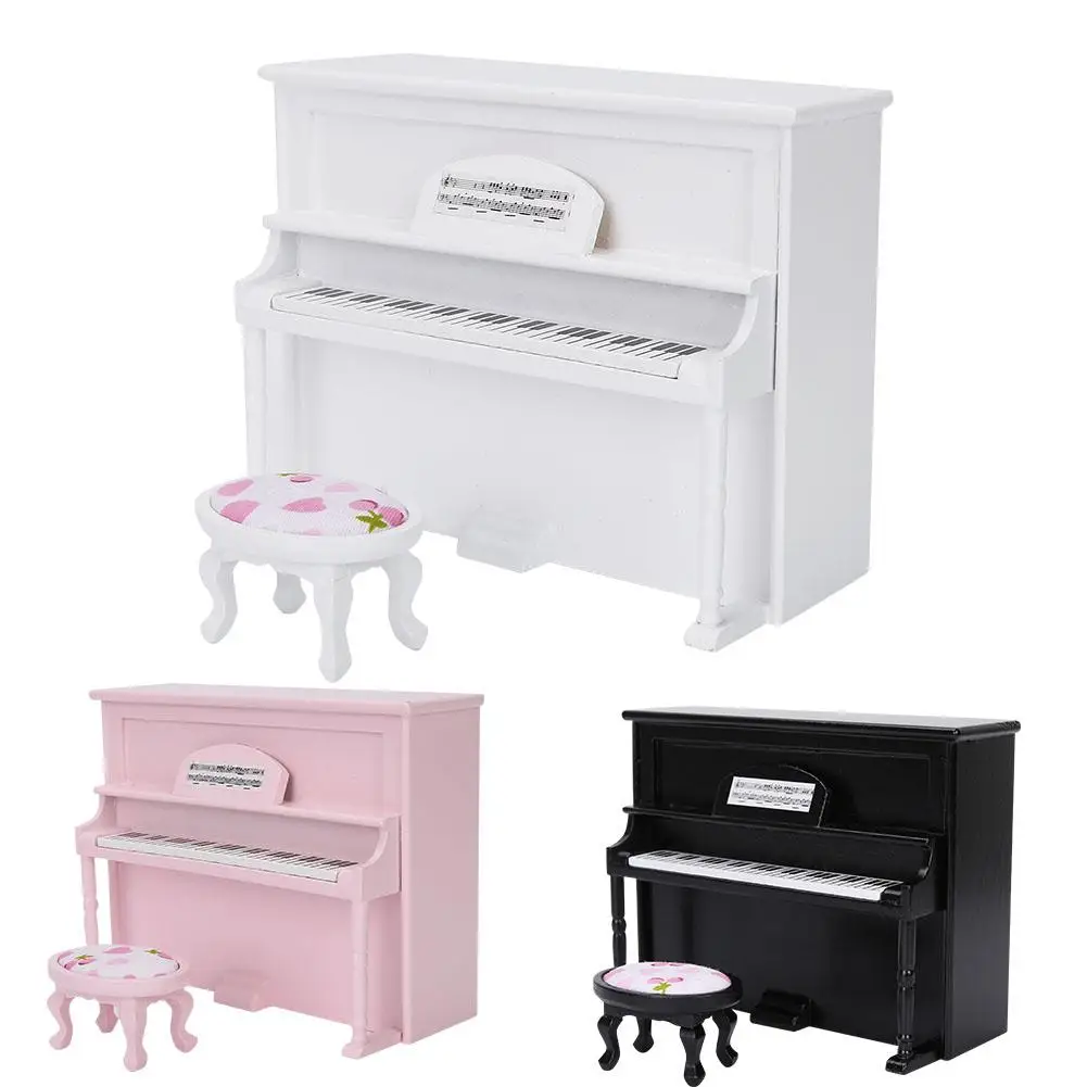 

Dollhouse Accessories 1:12 Doll House Simulation Piano Furniture Mini Upright Piano Model Toy with Stool Kids Pretend Game Toy