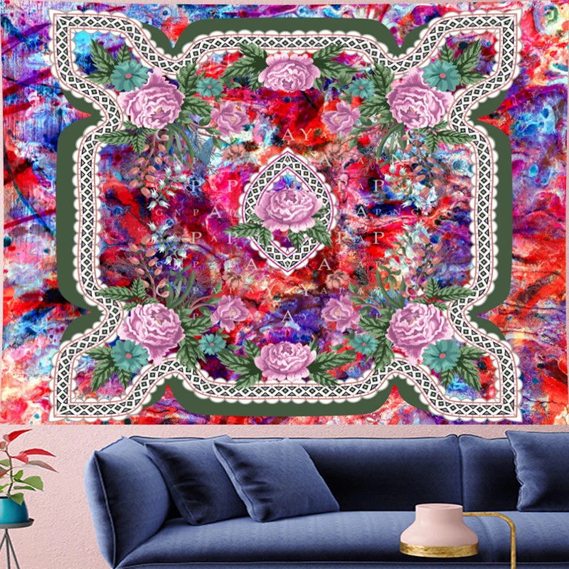 

Psychedelic Pink Rose Mandala Tapestry Vintage Pattern colorful Flower Retro Wall Hanging Bohemian Home Decor Art Wall Carpets