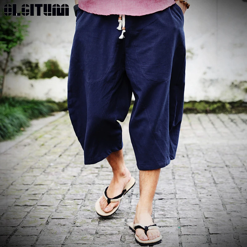 

M-4XL Casual Harem Pants 2020 Summer Chinese Style Drawstring Cotton and Linen Cropped Trousers Loose Linen Harem Pants Male