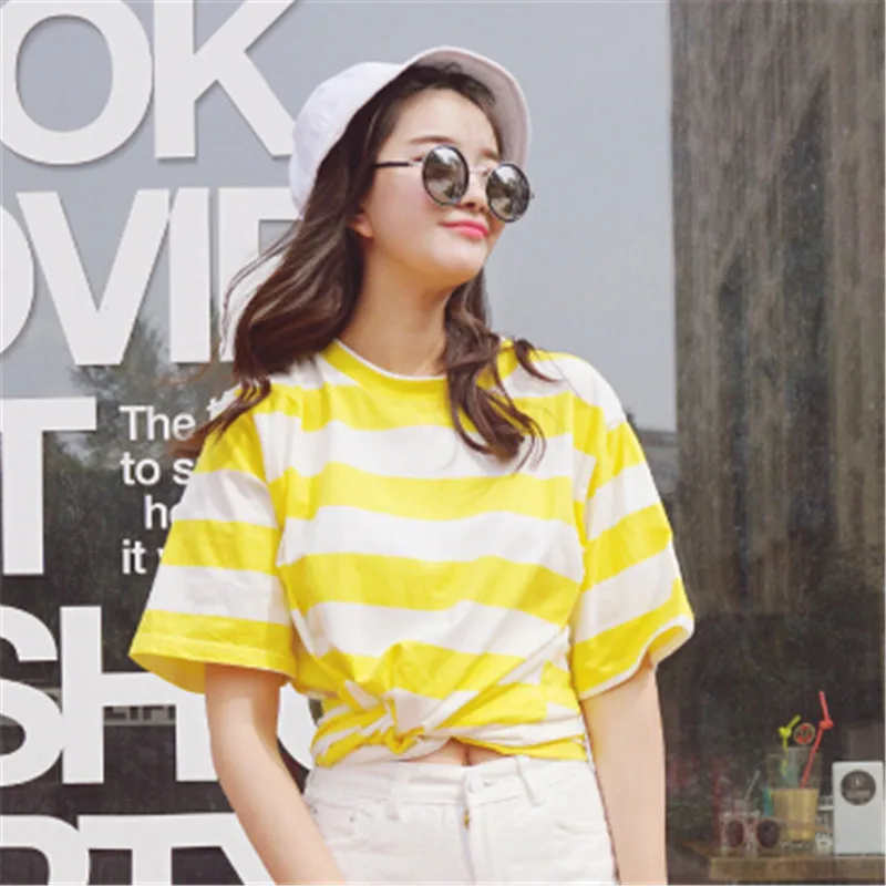 

2019 Summer Casual Women's Short Sleeved T Shirt Female Loose O Neck Yellow And White Striped Tops Sweet Girl Tees Fashion