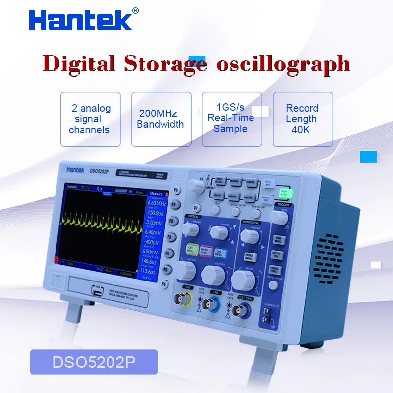 

Hantek DSO5202P digital storage oscilloscope 70-200MHz 2 Channels 1GSa/s 7'' TFT LCD color display Record Length 40K 5102P/5072P