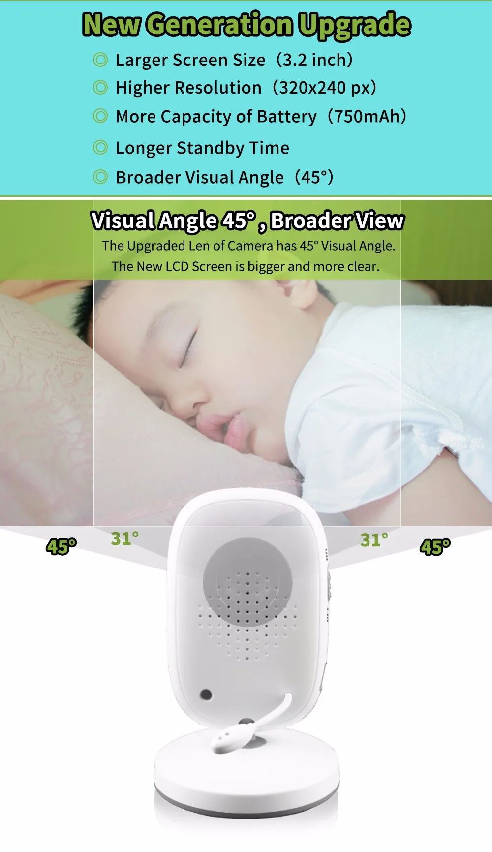 3.2 inch Wireless Video Color Baby Monitor High Resolution Baby Nanny Security Camera Night Vision Temperature Monitoring