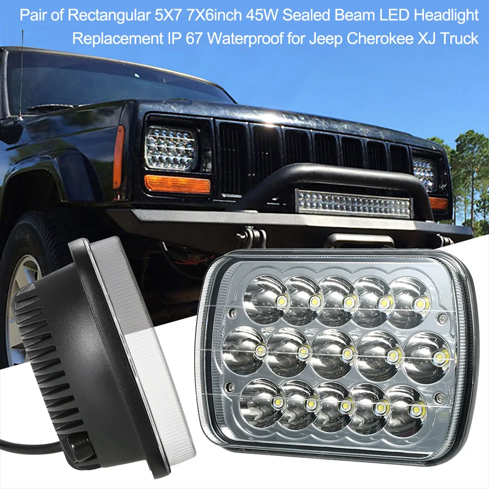 

Pair of Rectangular 5X7 7X6inch 45W Sealed Beam LED Headlight Replacement IP 67 Waterproof for Jeep Cherokee XJ Truck