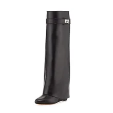 Autumn newest height increasing knee high boots pointed toe woman wedge boots black leather fashion high heel boots hot selling black leather height increasing woman boots round toe knee high boots 2017 winter gold chains wedge boots