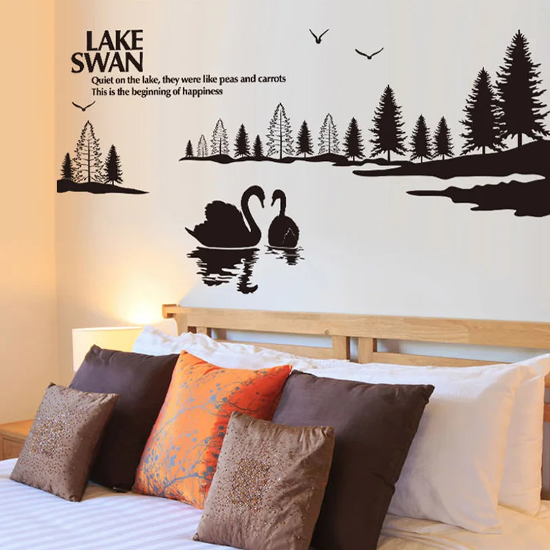 

Black Swan wall sticker PVC Material DIY Forest lake wall decals For Living room sofa background wall home decor sticker