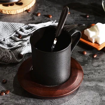 

280ML Creative Black Coarse Pottery Coffee Milk Cup with Saucer Spoon Lid Home Ceramic Drinkware Office Brief Flower Tea Mugs