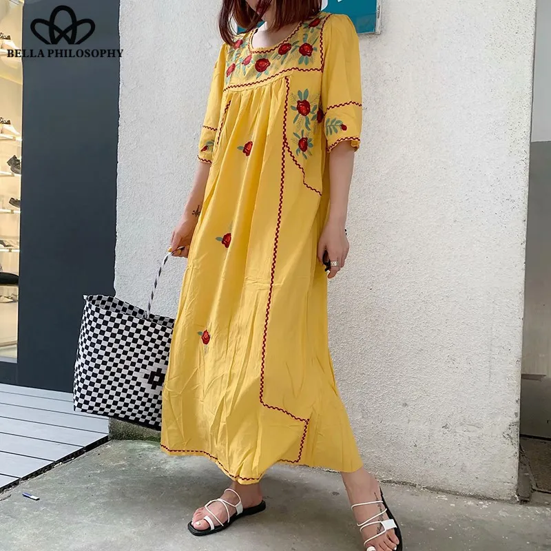 new vintage short sleeve boho dress floral embroidery long dress elegant female chic vestidos holiday party dress Wonder Store