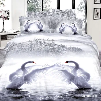 

3D White swan bedding set California king queen size full double quilt duvet cover fitted sheets bed in a bag linen cotton 6pcs