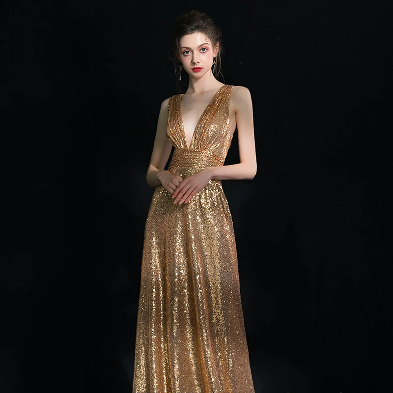 Beauty-Emily Sequins Golden Evening Dresses A Line Long Formal Prom Party Dresses 2019 Long for Women New Style Beauty-Emily Sequins Golden Evening Dresses A Line Long Formal Prom Party Dresses 2019 Long for Women New Style