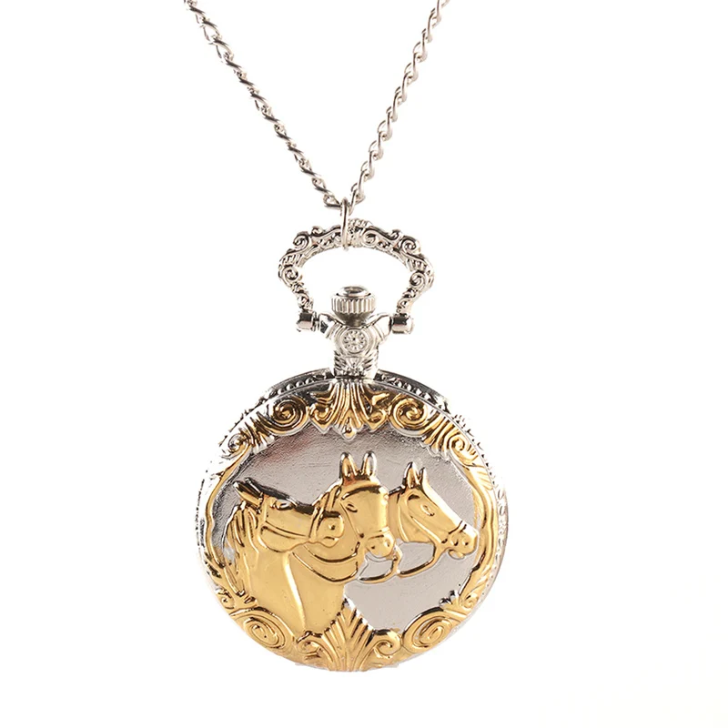 

relogio Silver Charming Gold Three Horses Gathered Quartz pocket Watch Necklace Pendant Clock Full Metal Alchemist Gift Fallout