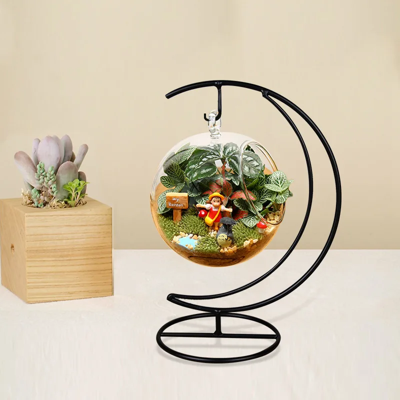 Image New 10 CM Handmade Ball Vase Heart Moon Iron Stand Simple and Stylish Hanging Glass  Plant Vase Home Decor