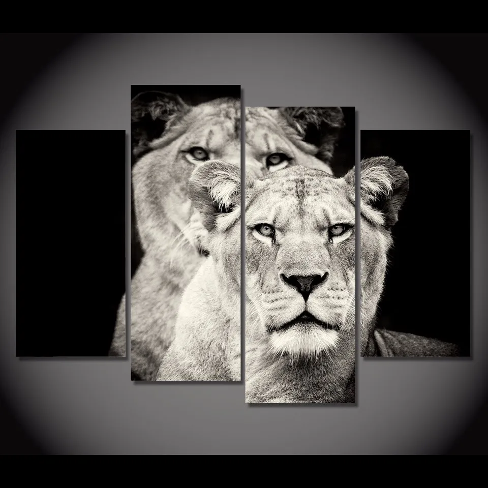 HD Printed 4pcs Black and white lion Painting on canvas room decoration