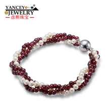Новинка, часы natural, 4-5 мм белый формы яркий свет пресноводный жемчуг браслет, с натуральным гранатом Многослойные S925 серебряный браслет