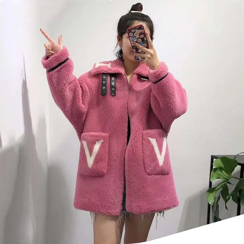 1 women winter jacket new female sheep fur coat plus size wool blends parka real fur Moto& Biker pink clothes Letter Pattern - Цвет: 1