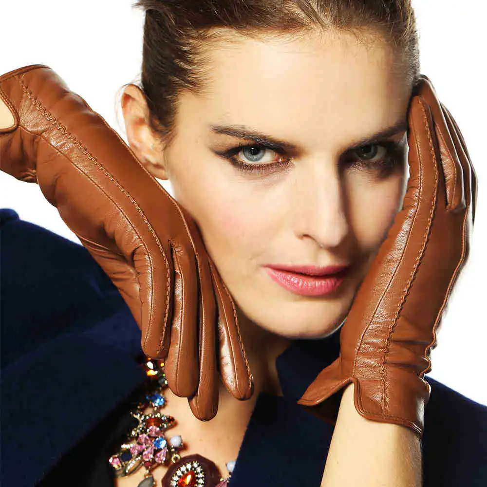 Elegant Women Genuine Lambskin Leather Gloves High Quality Autumn And