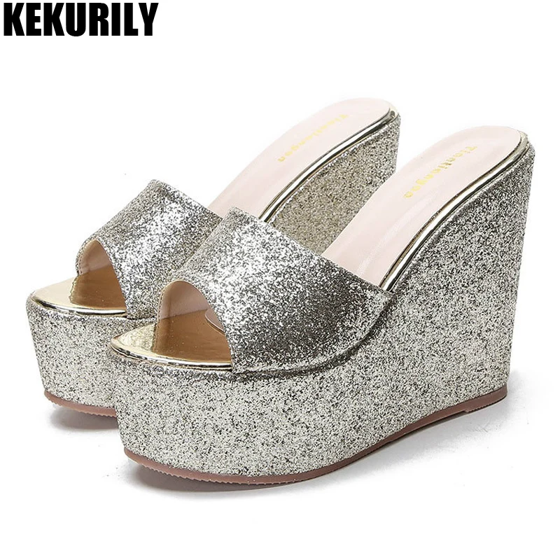 

Glitter Bling Platform Slippers Woman Sandalas Mujer Summer Wedges Shoes for Women Fashion Slip on High Heels Slides Gold Silver