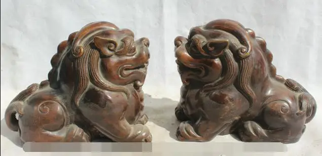 

S5384 9" China Bronze Folk Feng Shui Foo Fu Dog Guardion Lion Statue sculpture Pair D