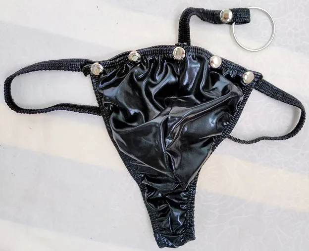 Faux Leather Men Lingerie Thong Sissy Panties Sexy Gay Open Butt Bikini String Underwear with Penis Ring Man Penis Pouch