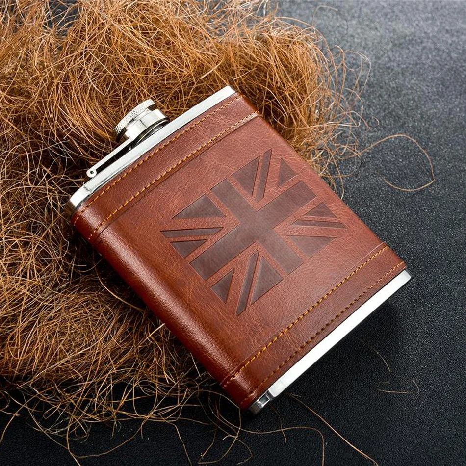 

7OZ UK style stainless steel leather wrapped hip flask