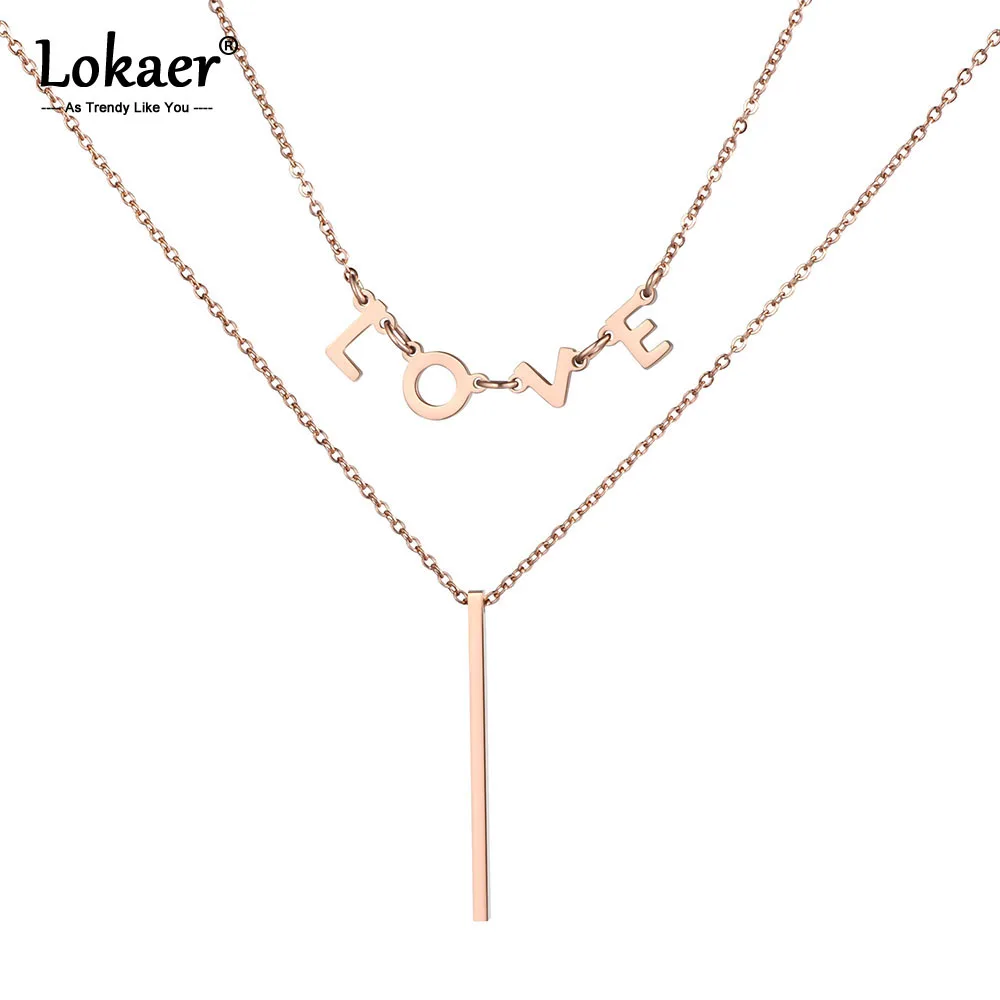 

Lokaer OL Style Double Layer Love Letter Charms Necklaces For Women Girls Rose Gold Stainless Steel Pendant Jewelry N19034