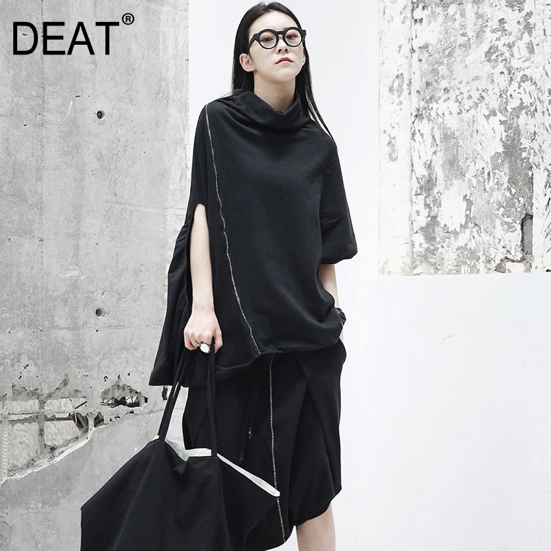 

[DEAT] 2019 New Spring Round Neck Three-quarter Batwing Sleece Black Line Split Joint Sweatsirt Women Fashion Tide JG917