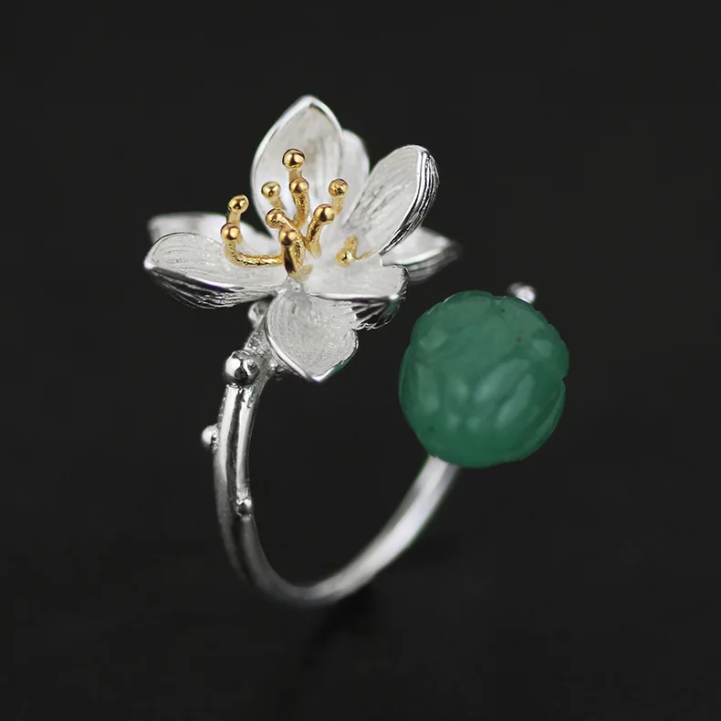 

China Original Design S925 Silver lotus Green Natural Semi Precious Stones Inaly /Pink Crystal Inlay Open Ring