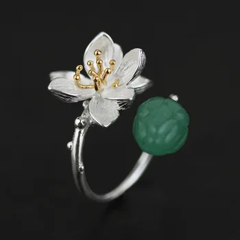 

China Original Design S925 Silver lotus Green Natural Semi Precious Stones Inaly /Pink Crystal Inlay Open Ring