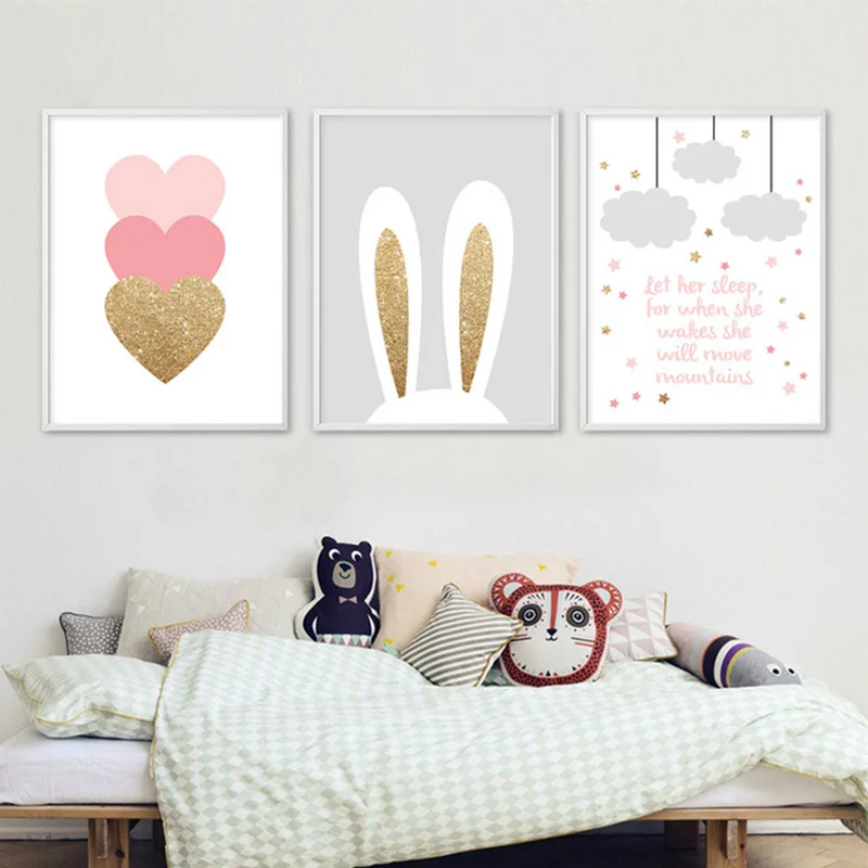 

Nordic Cartoon Rabbit Canvas Poster Pink Heart Wall Art Nursery Quotes Print Painting Wall Picture for Kids Living Room Decor