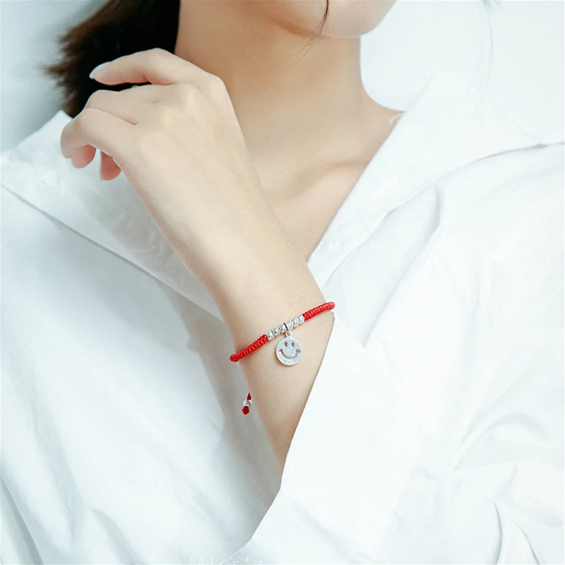Настоящее серебро 925 проба улыбающееся лицо красный браслет для женщин счастливый браслет Вощеная полоска амулет дружеский подарок ювелирные изделия ручной работы
