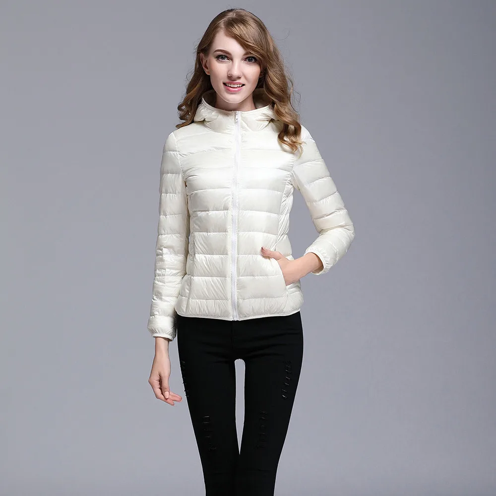 Buy Women Hoodie Fluff Down Coat Solid Color Hooded