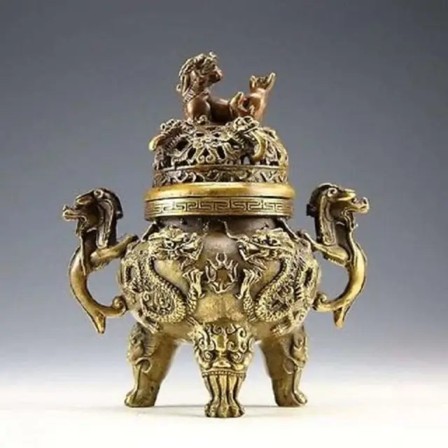 Chinese White copper Tiger Zodiac incense burner Home Decoration 