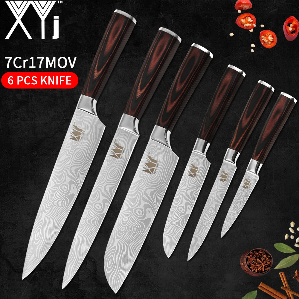 

XYj 7Cr17MOV Stainless Steel Kitchen Knive Set Damascus Pattern Kitchen Knife Set Japanese Slicer Santoku Utility Meat Cleaver
