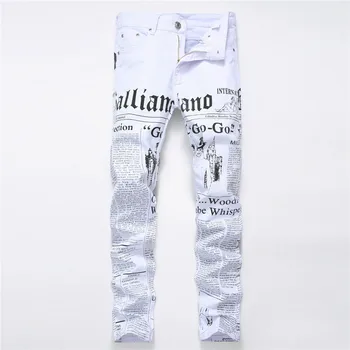 

Jeans men 2018 spring joggers with the newspaper panttern hip hop style mid waist straight full length plus size 28-42