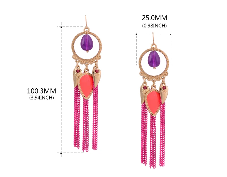 Fashion Jewelry Gold Plated Round Shaped Enamel Beads Long Chain Tassels Pendant Charm Ethnic Style Dangle Earrings | Украшения и