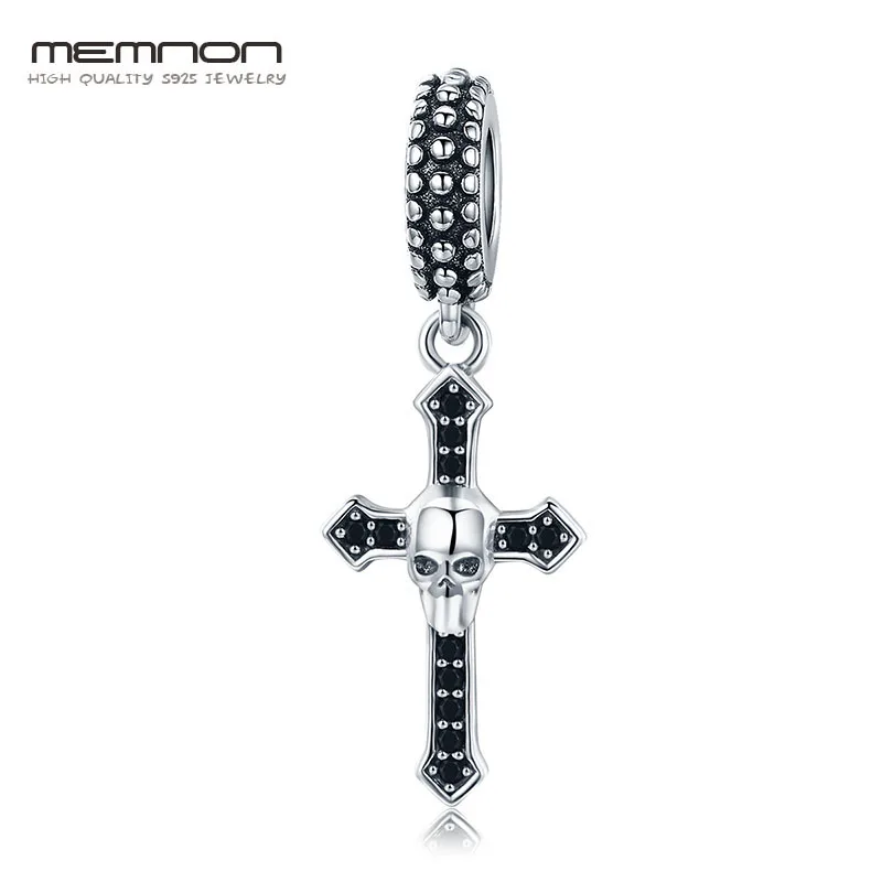 

M 925 Sterling Silver Black CZ Punk Rock Skull and Cross Pendant Charm fit Women Charm Bracelet DIY Jewelry MCC558