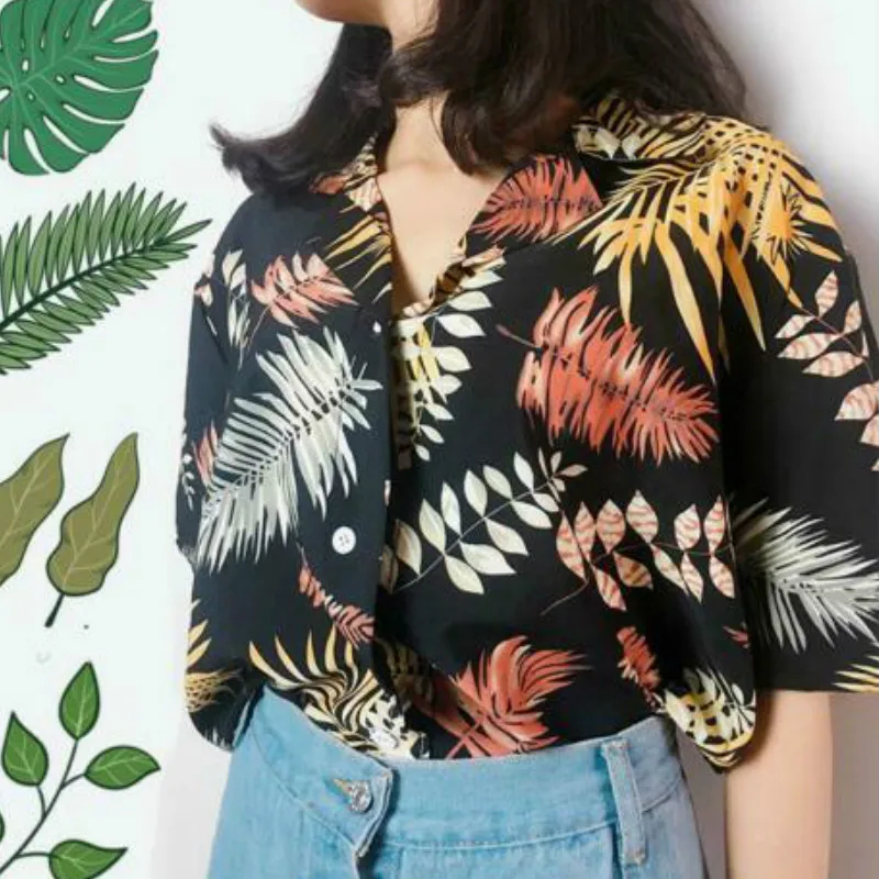 

2019 Summer Women's Boho Style Loose Half Sleeve Blouse 2019 Fashion Ladies Leaf Printed Tops Shirts
