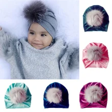 Бархат Зима; комплект теплой верхней одежды для Шапки Venonat/тюрбан с помпоном для новорожденных, шапка для девочки кепки головные уборы для детей Baby muts широкий берет-Боб