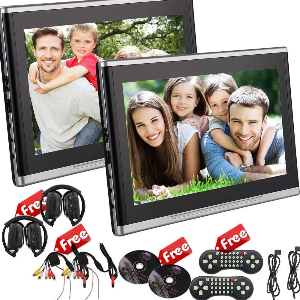 

Pair Of Headrests 2 DVD Player LCD Screen Car Monitor Support IR FM transmitter USB SD 32 bits Games+Game Controller 1080P HDMI
