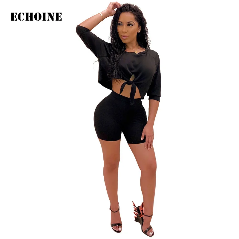

2 Piece Set Women Crop Tops and Biker Shorts Set Bodycon Sweashirt Sportwear Party Club Outfits Women Tracksuit Matching Sets