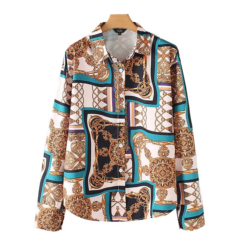 

Blouse Women S M Women Chic Chains Print Blouse Long Sleeve Turn Down Collar Female Casual Shirt Vintage Basic Loose Tops Blusas