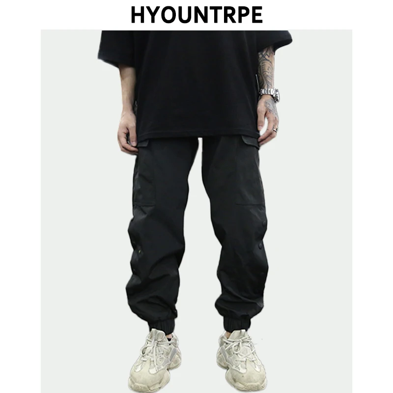 

Men Pants Ankle Length Trousers Streetwear Fashion Side Button Hip Hop Loose Fit Drawstring Sweatpants Elastic Waist Cargo Pants