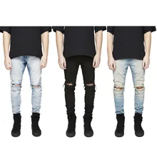 Men Hiphop Holes Jeans Runway Slim Racer Biker Jeans Fashion Skinny Elasticity Jeans for Men