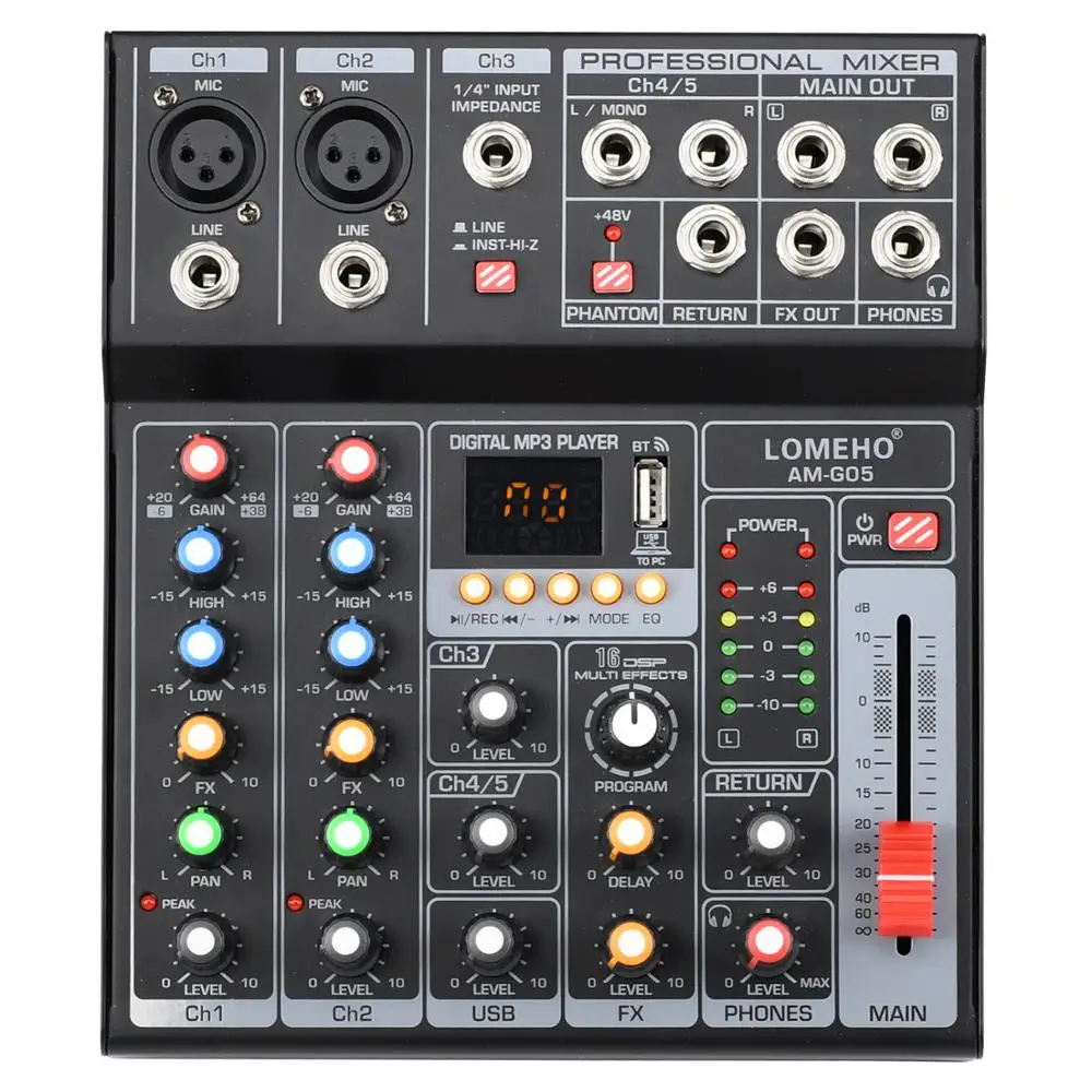 LOMEHO-Mesa mezcladora de sonido EQ de 7 bandas, consola de DJ de mezcla de  6 canales Mono con salida USB 2 AUX, AM-GT6 de efectos individuales de 48V  99