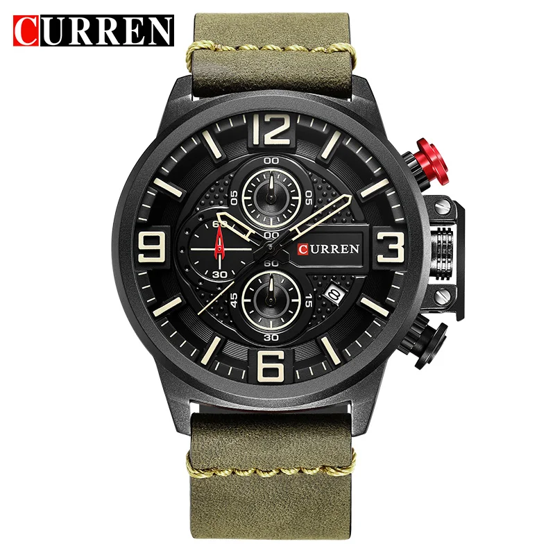 CURREN New Men Watches Fashion Sports Chronograph Red Wristwatch Waterproof Quartz Male Clock Relogio Masculino Montre Homme - Цвет: green